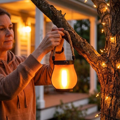femme suspend arbre lanterne jardin solaire style flamme