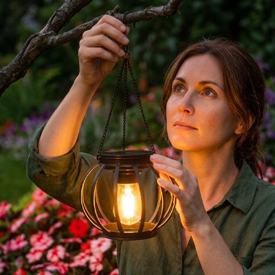 femme suspend lanterne extérieur solaire fer jardin