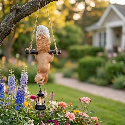 figurine écureuil suspendu arbre avec lanterne solaire exterieur