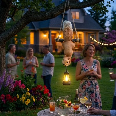 figurine écureuil suspendu avec lanterne solaire exterieur ambiance jardin 