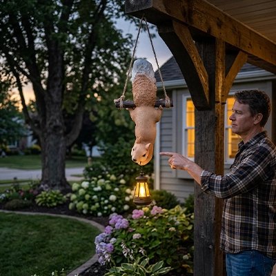 figurine écureuil suspendu terrasse avec lanterne solaire exterieur 