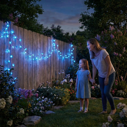 fille mère regardent clôture guirlandes solaires extérieures fleurs bleues