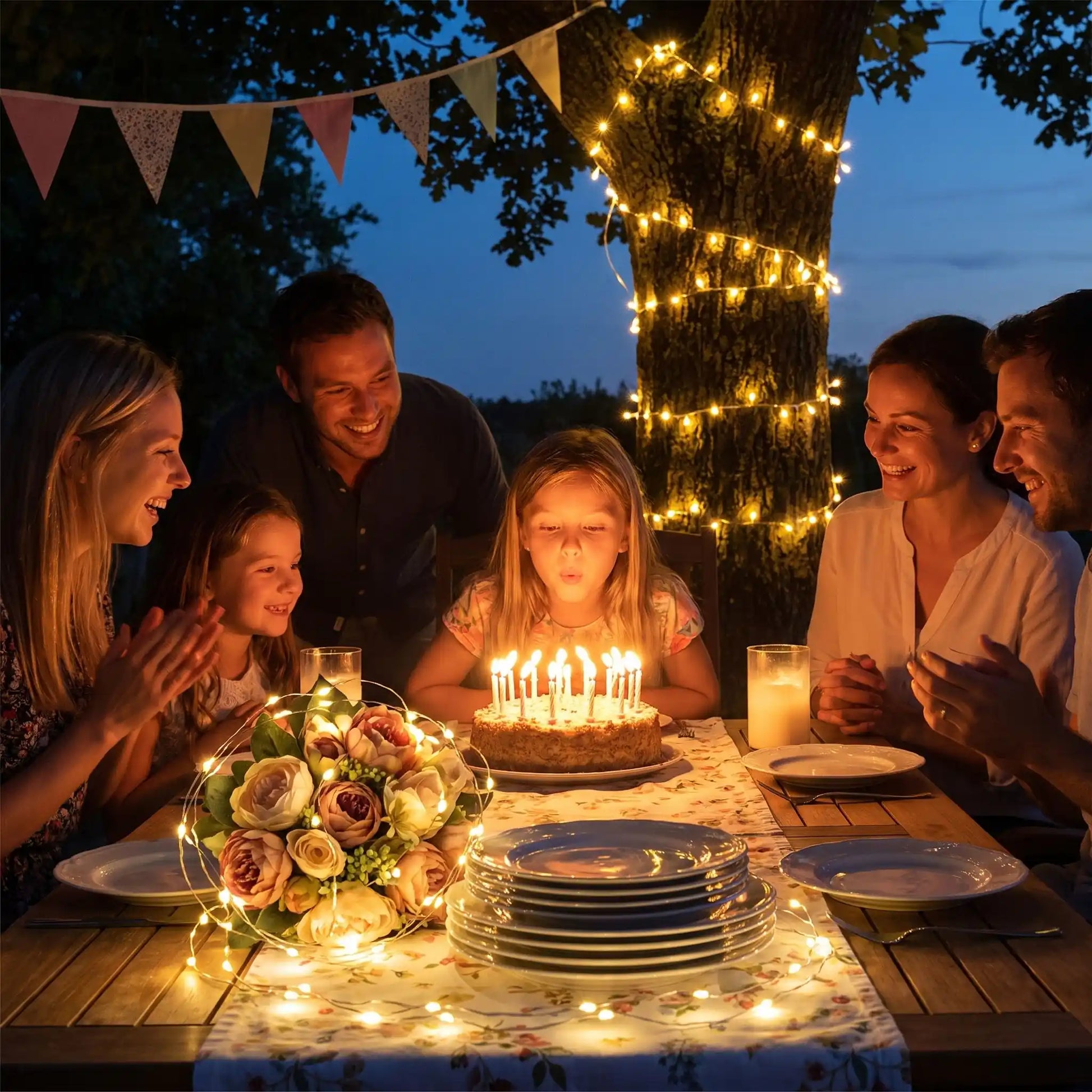 fille souffle gâteau fête guirlande lumineuse extérieur décoration fête