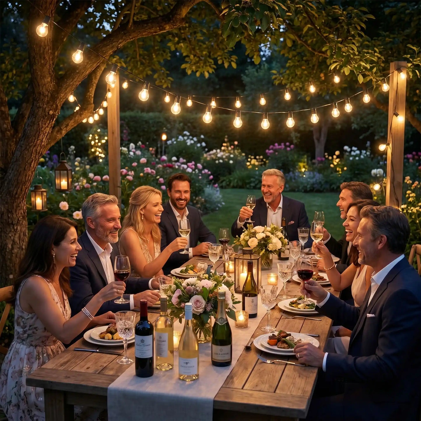 groupe célèbre vin sourires jardin nuit éclaire guirlande solaire