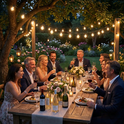 groupe célèbre vin sourires jardin nuit éclaire guirlande solaire