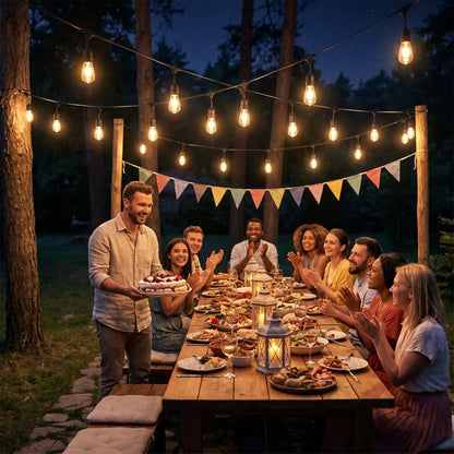 guirlande exterieur eclaire table groupe repas festif chaleureux priseEU
