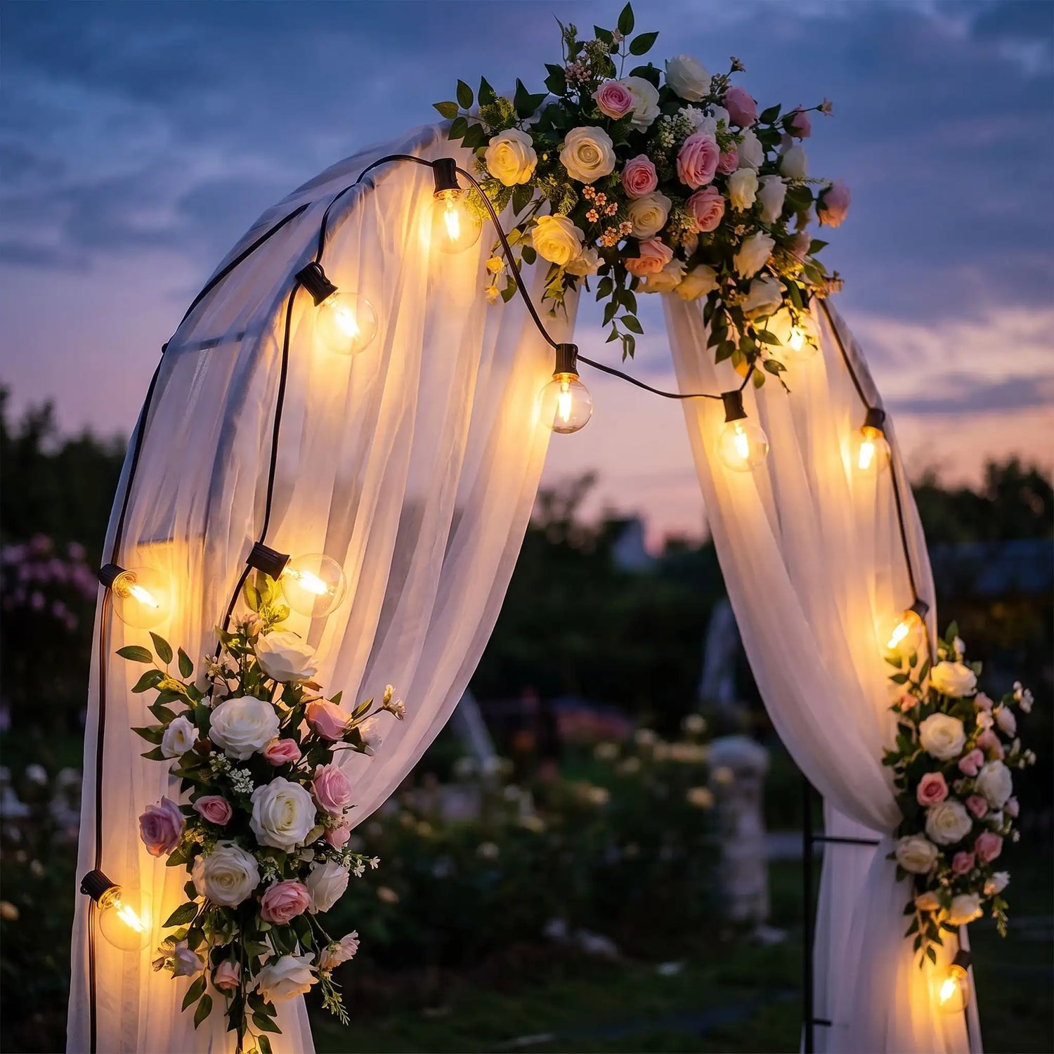 guirlande lumineuse exterieur ampoule ronde verre décore arche fleurs