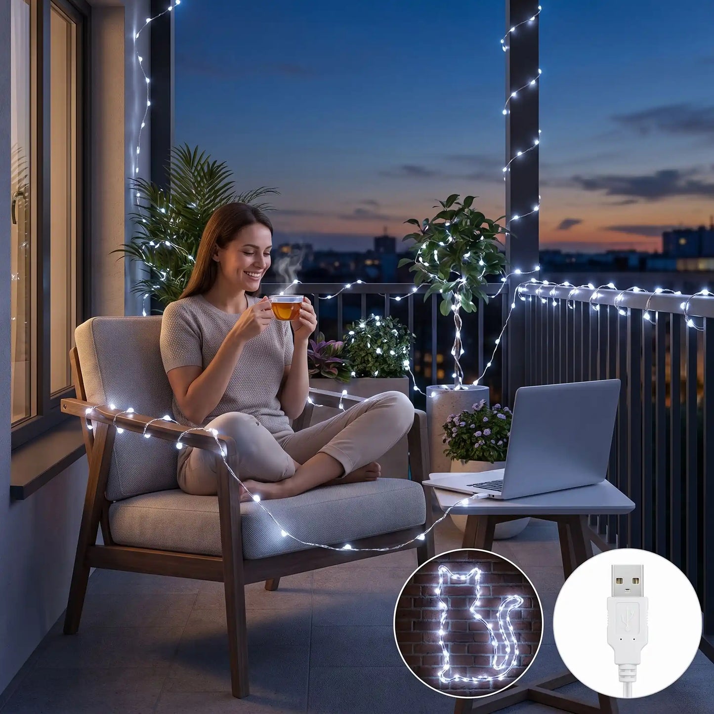 guirlande lumineuse extérieur fine blanc USB décor blacon
