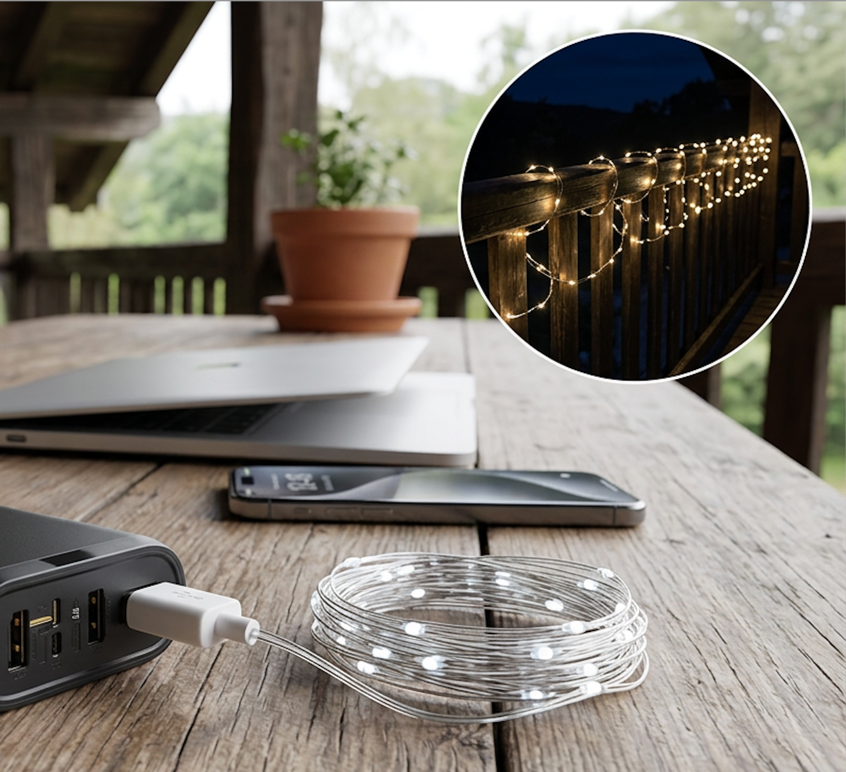guirlande lumineuse extérieur fine petites étoiles USB table terrasse