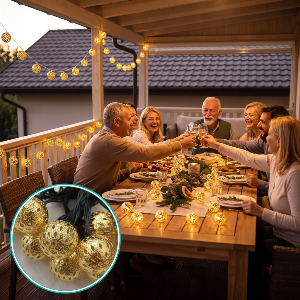 guirlande pour extérieur globe doré décore repas terrasse table