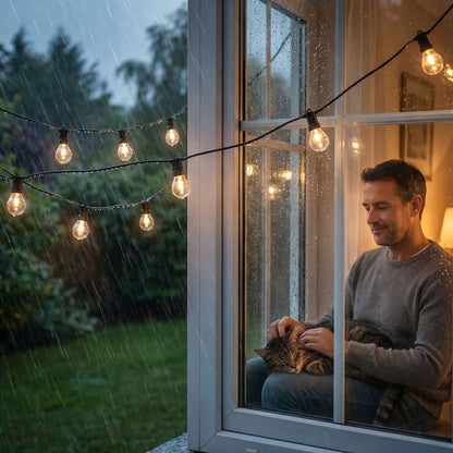 guirlande solaire sous pluie homme paisible flatte chat