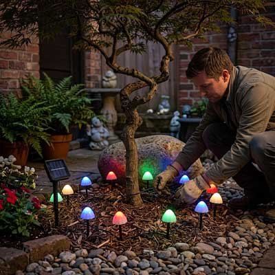 homme base arbre guirlande lumineuse extérieur solaire champignon multicolore
