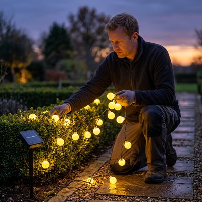 homme décore éclaire guirlande exterieur solaire haie jardin