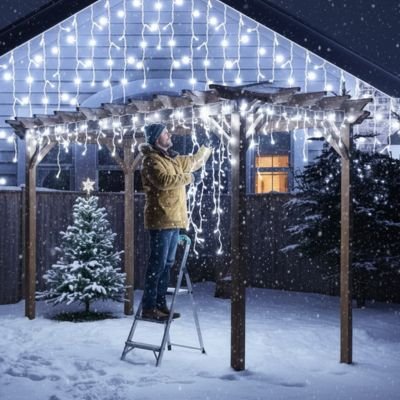 homme guirlande lumineuse solaire extérieur décore éclaire maison pergolas