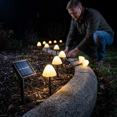homme place rangée guirlande lumineuse solaire champignon bordure jardin