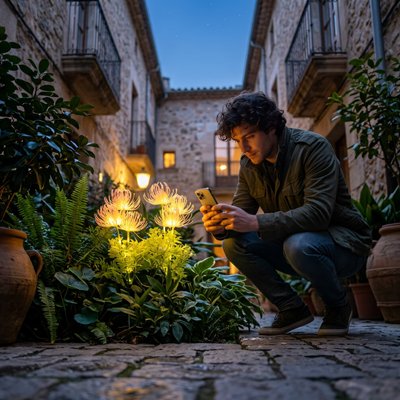 homme prend photo lampes jardins solaires bouquet fleurs roses 