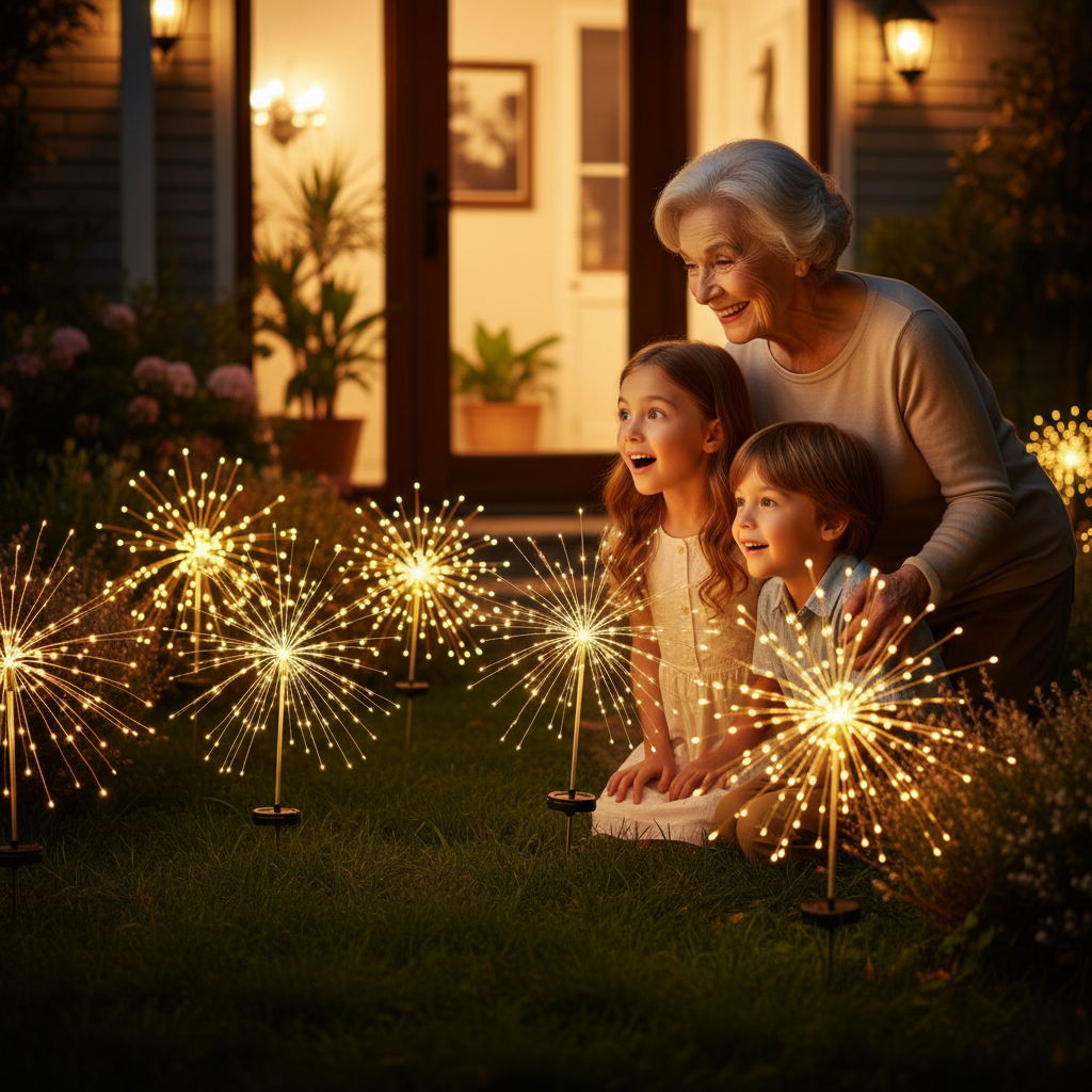 jardin lampe solaire style pissenlit vieille femme enfants émerveillées