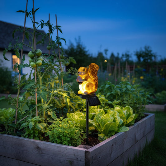 lampe de jardin solaire LesSola écureuil planté bac potager soir