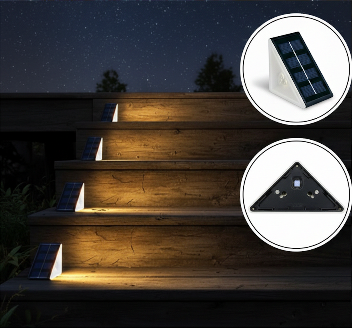 lampe solaire couleur chaude marches escalier cercle vue proche