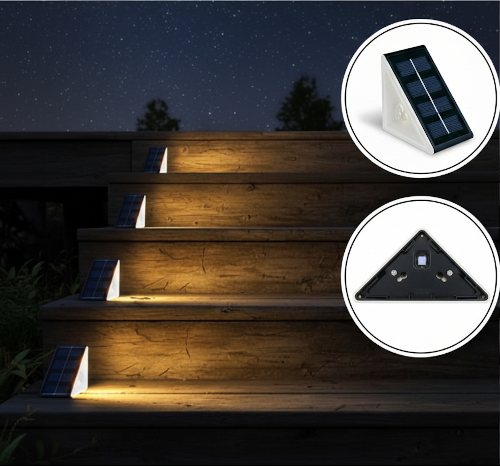 lampe solaire couleur chaude marches escalier cercle vue proche