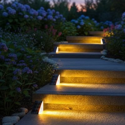 lampe solaire luminosite chaude sur escalier jardin alternance 