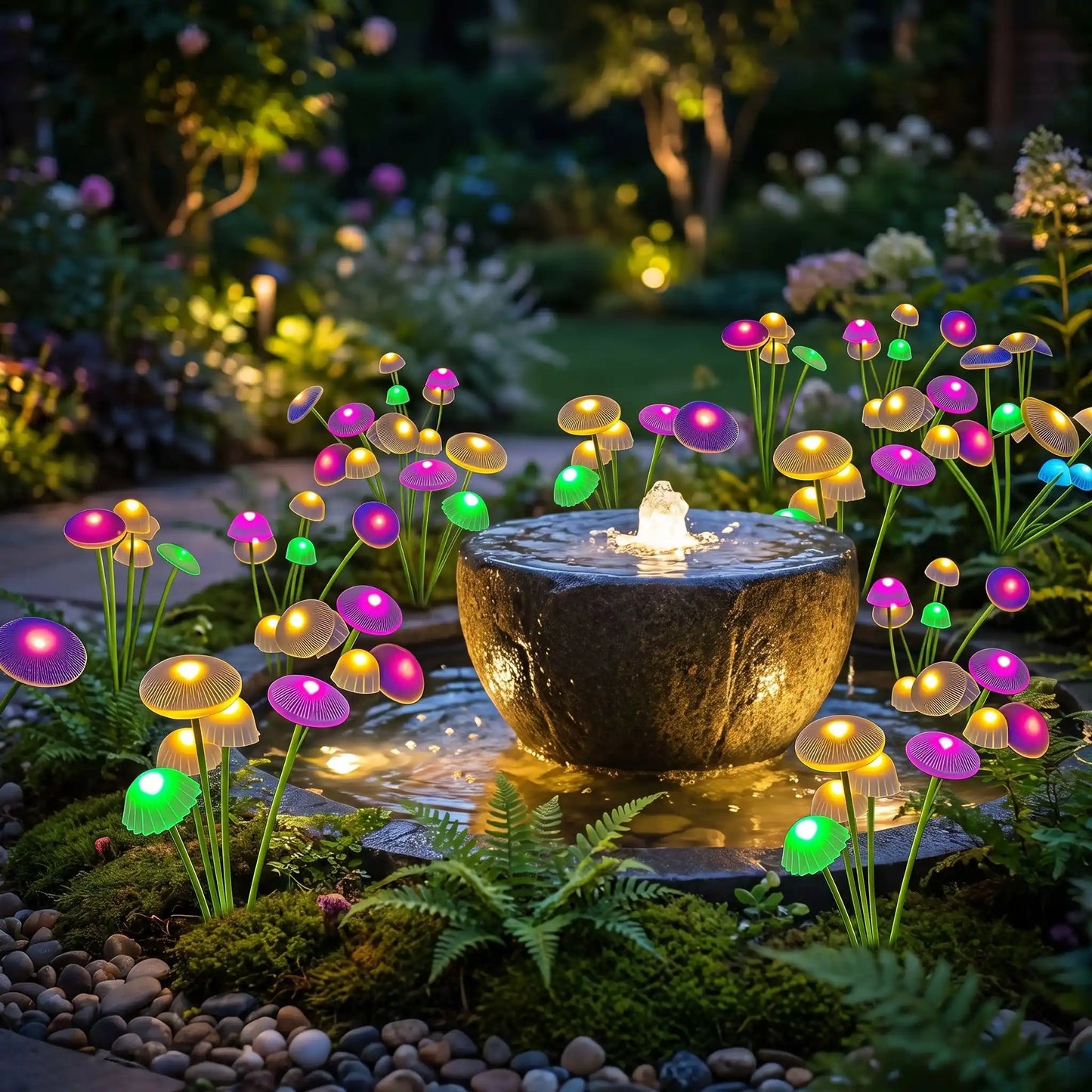 lampe solaire têtes lumineuses forme champignons fontaine eau