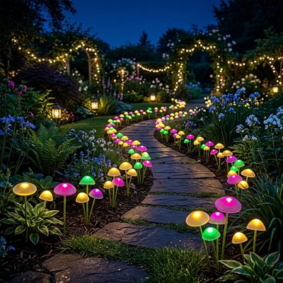 Lampe solaire têtes lumineuses forme champignons multicolore allées