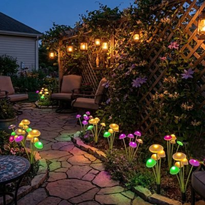 Lampe solaire têtes lumineuses forme champignons multicolore jardin