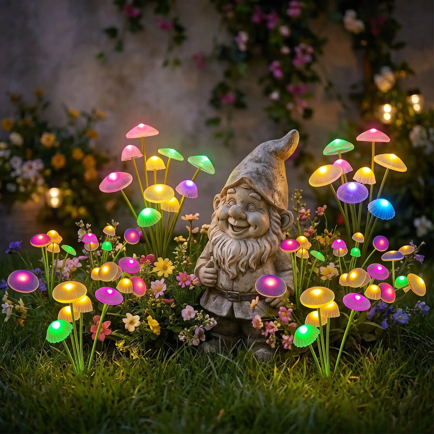 lampe solaire têtes lumineuses forme champignons nain jardin