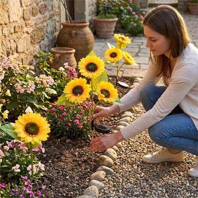 lampes jardins solaires bouquets tournesol parmi fleurs vivantes