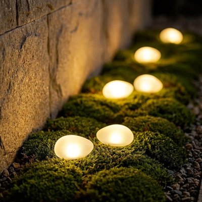 Lampes jardins solaires galet lumière chaude sur mousse jardin 