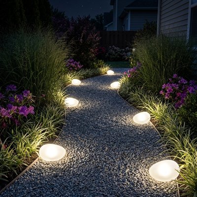 Lampes jardins solaires galet lumière froide décorent allée