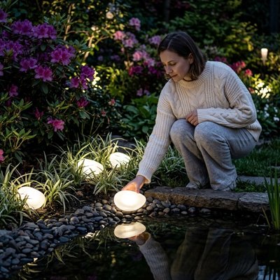 Lampes jardins solaires galet lumière froide déposées point eau