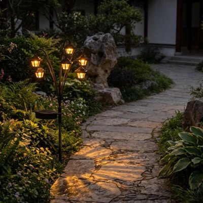  Lampes jardins solaires six têtes lanternes éclairent allée 