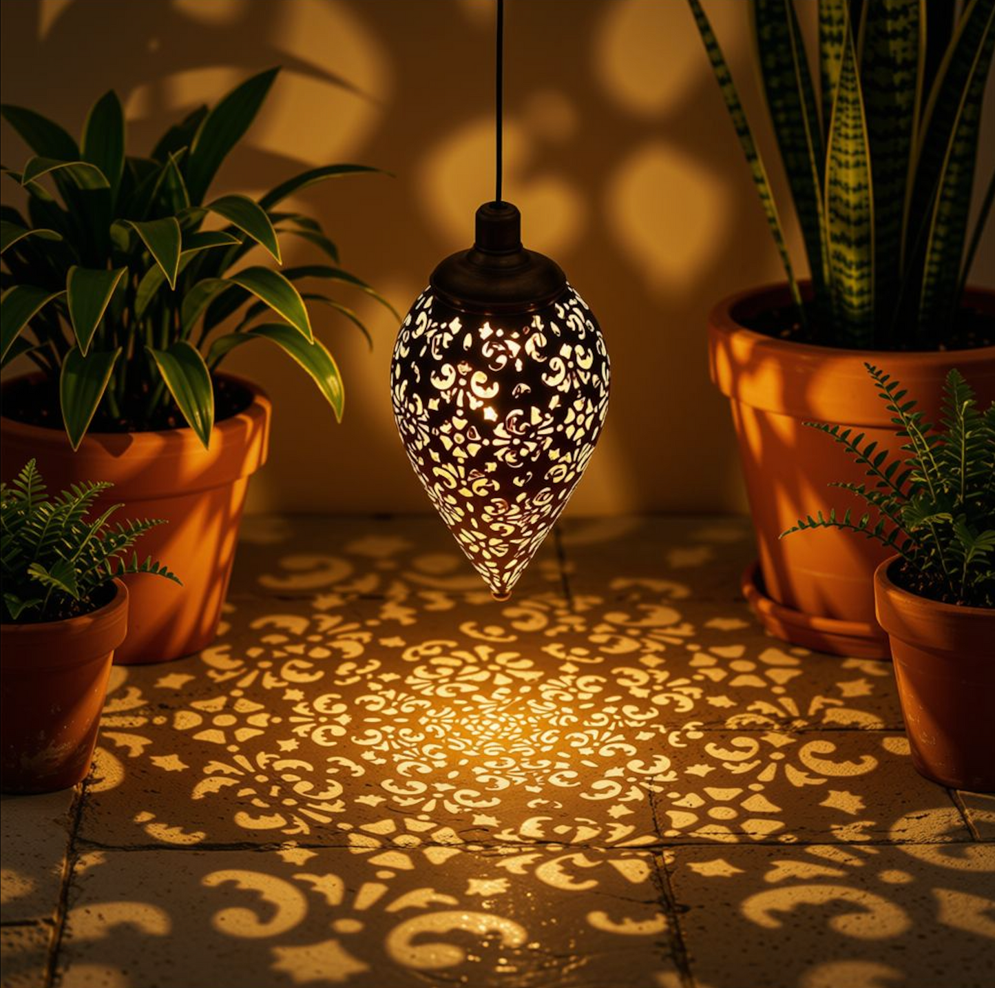 lanterne exterieur solaire motifs ombre lumiere floraux pots plantes