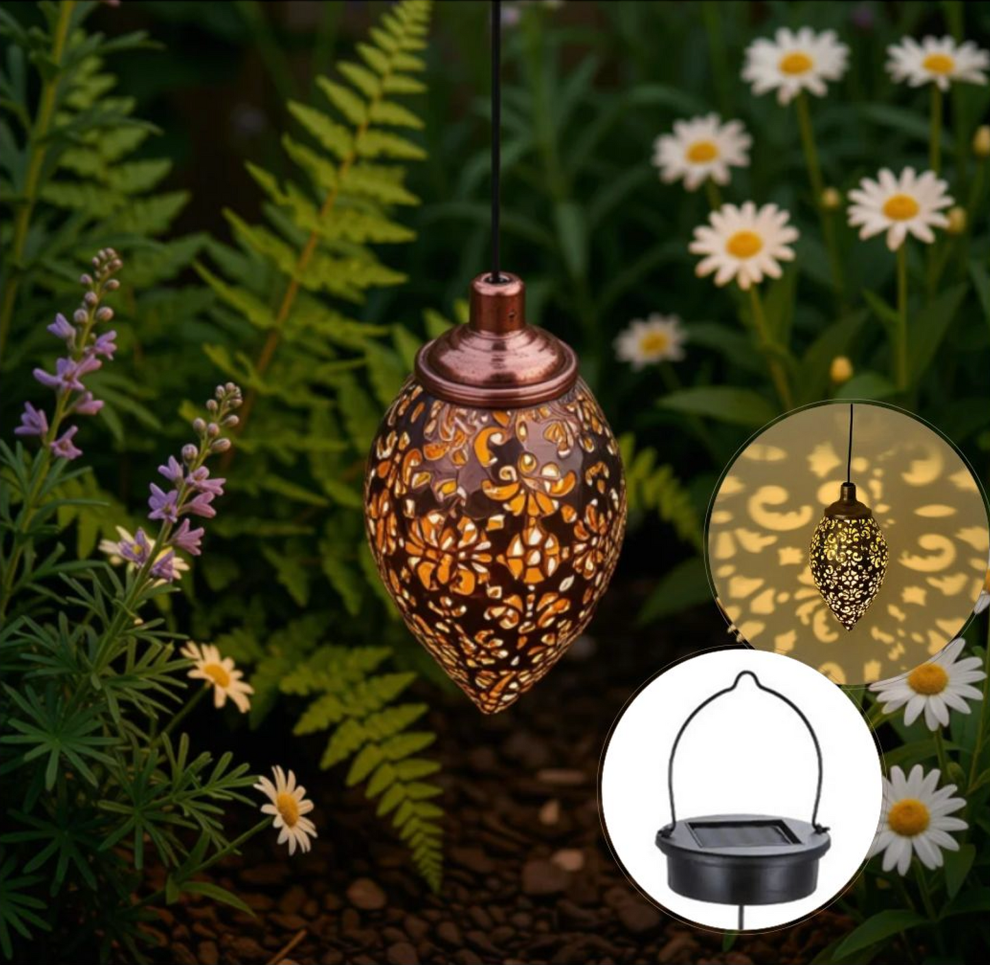 lanterne exterieur solaire suspendu jardin bronze antique motif lumière