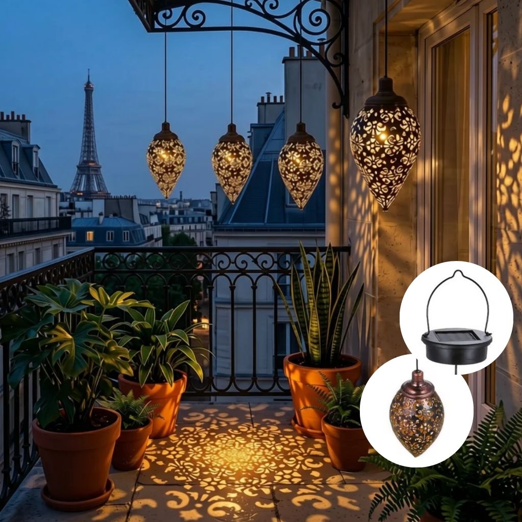 lanterne exterieur solaire suspendue balcon jeux ombres motif floraux