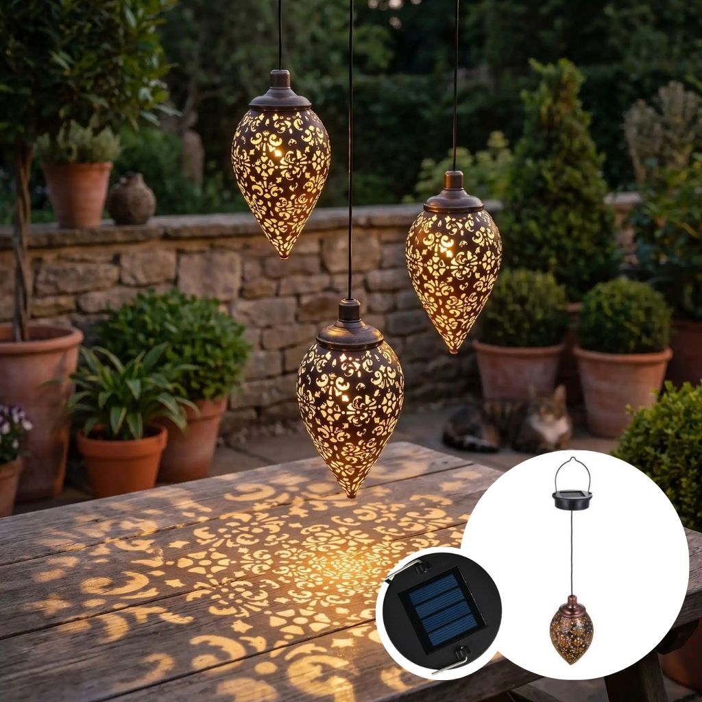 lanterne exterieur solaire suspendue table motifs lumiere bronze antique