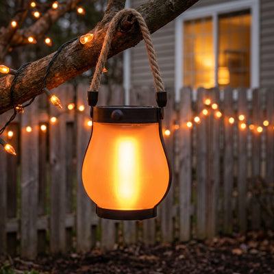 lanterne jardin solaire suspendue effet flamme chaleureuse