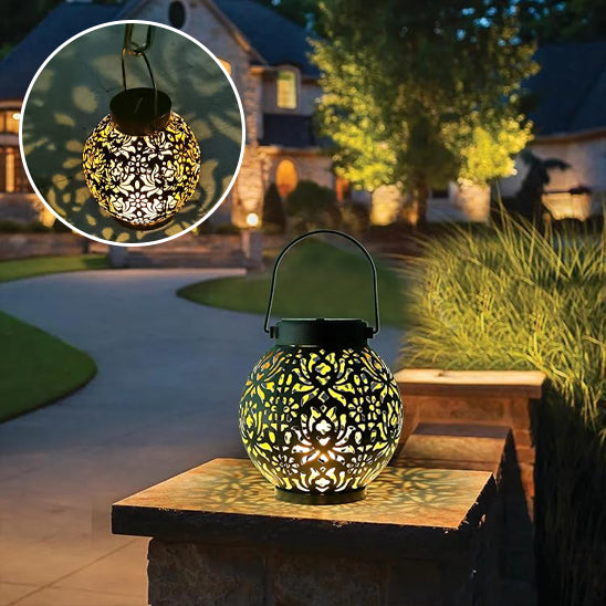 lanterne solaire fer forge motif fleurs posee muret