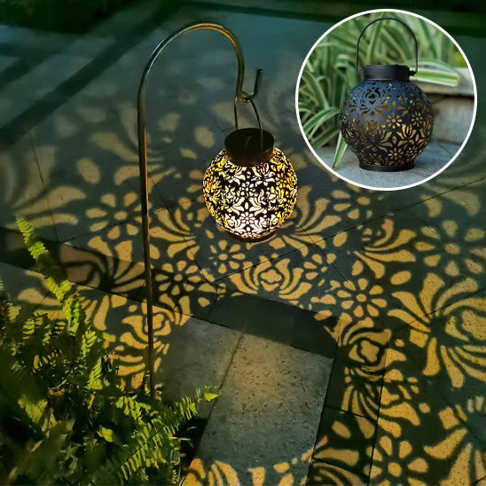 lanterne solaire fer forgé motif fleurs suspendue terrasse