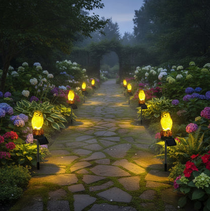 plusieurs lampe de jardin solaire LesSola chouette balisent grande allée