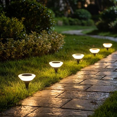 plusieurs spots solaires exterieurs bordent longue allée jardin