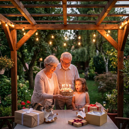 sous guirlande solaire grands-parents offrent gâteau fête fille