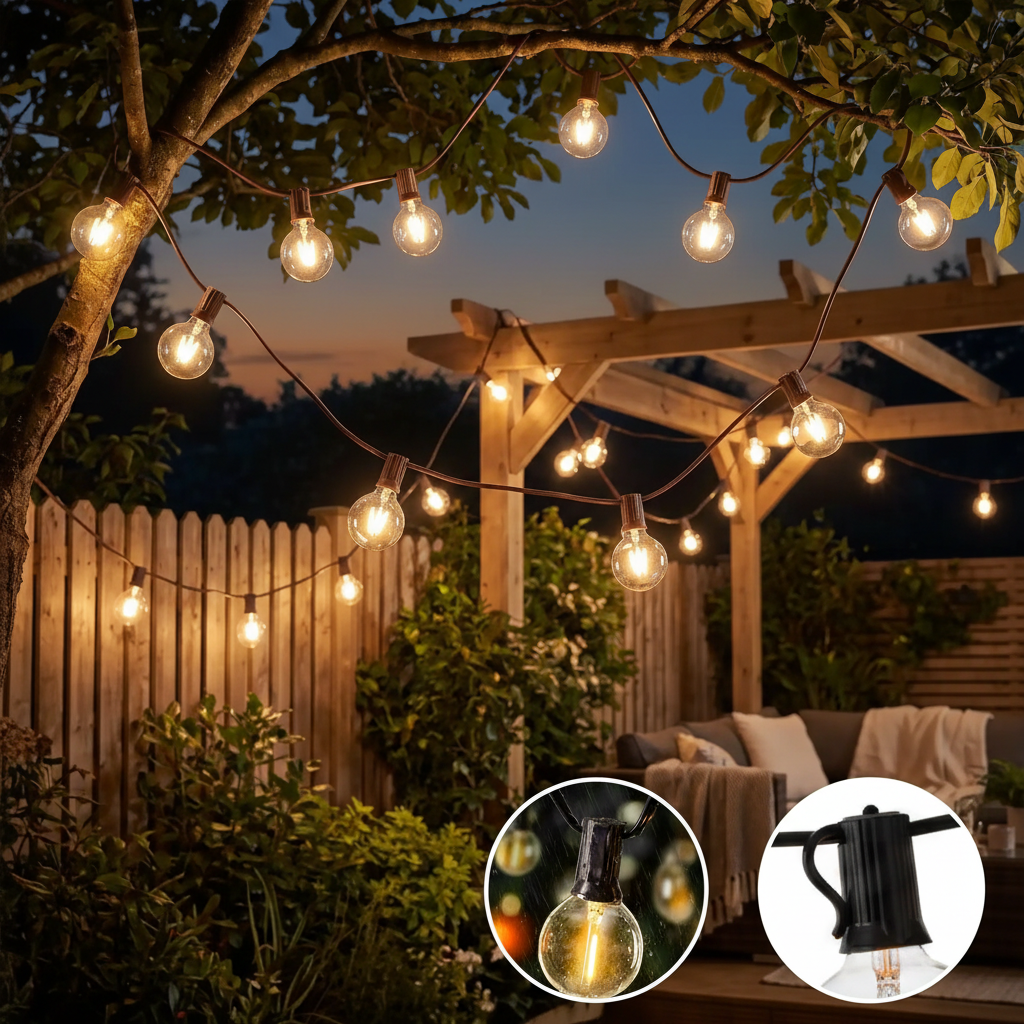 terrasse guirlande lumineuse exterieur ampoule ronde verre imperméable crochet